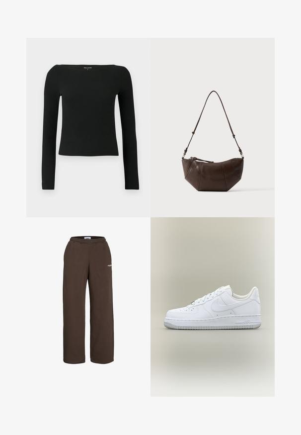 Sort langærmet top med bådudskæring, lavet af ribbet materiale. Har en tætsiddende design og minimalistisk stil, ingen synlig hardware eller mønstre.; Brune vidde-buksede joggingbukser med elastisk talje og lille hvid tekstlogo på den øverste lår mod en hvid baggrund.; Hvid Nike Air Force 1 sneaker med lavt skaft, snørebånd, perforeret tå og tekstureret gummisål på neutral baggrund.; Brun læder skuldertaske med buet bund og justerbar rem mod en ensfarvet lys baggrund.