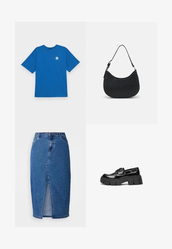 Even&Odd Curvy by Zalando LIZ FEEL GREAT - T-Shirt print - blue; Jeansrock in Mittelblau mit einem Schlitz vorne, hoher Taille, fünf Taschen und Gürtelschlaufen. Der Stoff hat eine strukturierte Oberfläche.; Schwarze Lacklederloafer mit einer robusten schwarzen Plattformsohle und dekorativen Ösen. Glatte Textur mit runder Zehenpartie und Schnürdetail.; Schwarze Hobo-Tasche aus glattem Leder mit einer geschwungenen Silhouette, ausgestattet mit einem einzelnen verstellbaren Trageriemen und minimalistischem Design.