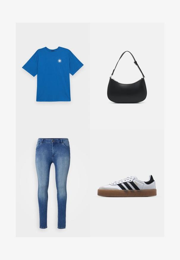 Even&Odd Curvy by Zalando LIZ FEEL GREAT - T-Shirt print - blue; Engpassjeans aus mittelblauem Denim mit einem verwaschenen Design. Verfügt über Vorderaschen und einen Standardbund mit Knopfverschluss.; Weiße Leder Sneakers mit schwarzen Streifen, Gummigummi-Außensohle, runder Zehenform, Schnürverschluss und weichem grauem Wildleder-Zehenkappe.; Pieces PCALUANA SHOULDER BAG - Handtasche - black
