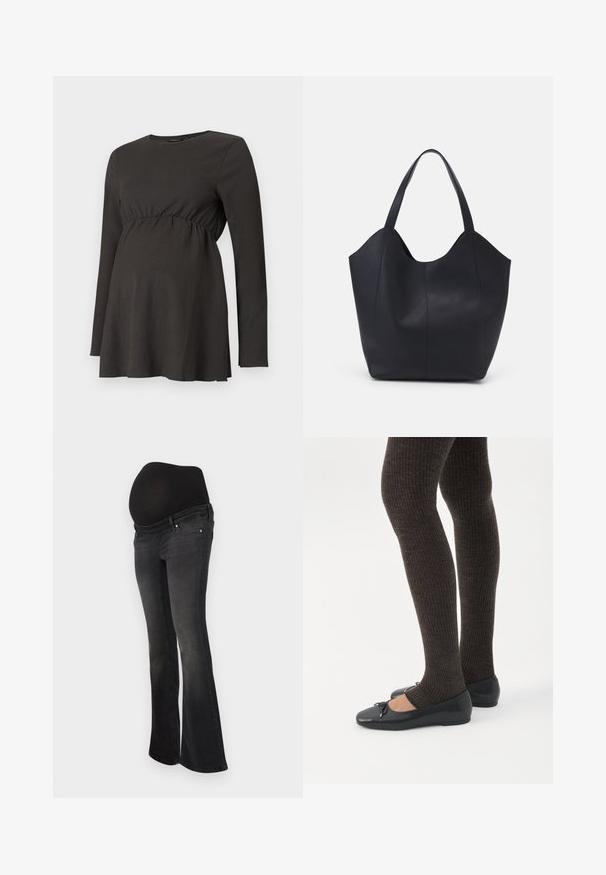 Túnica de maternidad negra de manga larga con cintura fruncida y ligera apertura debajo del busto, hecha de una tela texturizada.; Jeans de maternidad en denim gris oscuro con un panel negro elástico para soporte de la barriga, diseño de pierna acampanada y estilo clásico de cinco bolsillos.; Piernas con leggings oscuros acanalados combinados con bailarinas negras que presentan pequeños detalles de lazo sobre un fondo blanco.; Bolso tote negro fabricado en cuero liso, con un diseño minimalista que presenta un borde superior curvado y dos asas para el hombro.
