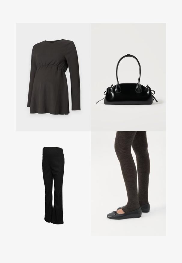 Túnica de maternidad negra de manga larga con cintura fruncida y ligera apertura debajo del busto, hecha de una tela texturizada.; Pantalones negros acampanados hechos de tela texturizada, con una pretina alta y un acabado suave, con un ajuste recto a través de las caderas y los muslos.; Piernas con leggings oscuros acanalados combinados con bailarinas negras que presentan pequeños detalles de lazo sobre un fondo blanco.; Pequeño bolso negro brillante con dos asas largas y detalles de cordón lateral sobre un fondo claro liso.