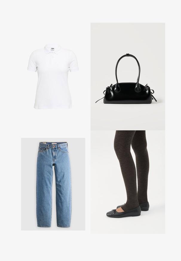 Witte polo met korte mouwen van getextureerde katoen. Voorzien van een klassieke kraag en een drieknoopsluiting. Casual pasvorm met een rechte zoom.; Lichtblauwe denim jeans met een recht model, vijf zakken, een ritsluiting en een subtiele vervaagde textuur. Klassieke stijl met minimale hardware.; Benen met donkere geribbelde leggings gecombineerd met zwarte ballerina's met kleine strikdetails op een witte achtergrond.; Kleine zwarte glanzende handtas met twee lange hengsels en zijkant trekkoord details op een effen lichte achtergrond.