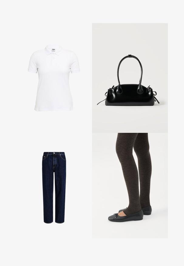Polo blanc à manches courtes en coton texturé. Doté d'un col classique et d'une patte à trois boutons. Coupe décontractée avec un ourlet droit.; Jeans en denim bleu foncé avec une coupe droite, dotés d'une taille haute, d'un style à cinq poches et de coutures contrastantes. Sans embellissements.; Jambes portant des leggings côtelés foncés associés à des ballerines noires avec de petits détails en nœud sur fond blanc.; Petit sac à main noir brillant avec deux longues anses et des détails à cordon sur les côtés sur un fond clair uni.