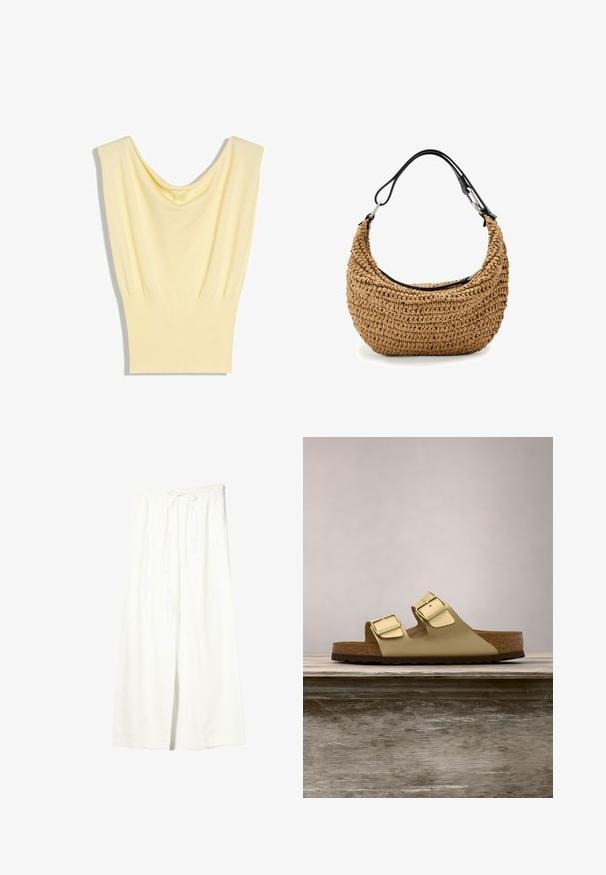 Haut tricoté sans manches jaune clair avec un large col drapé et une ceinture côtelée, posé à plat sur un fond blanc.; Pantalon en lin blanc à jambes larges avec taille élastique et cordon de serrage, doté de poches latérales et d'une fente à l'avant.; Sandale métallique dorée à deux brides avec boucles réglables, semelle en liège et semelle extérieure en caoutchouc texturé. Caractéristiques d'un design à bout ouvert et talon ouvert.; Sac à main en paille tissée beige à silhouette courbée, doté d'une bandoulière en cuir noir et d'accents métalliques argentés. Finition texturée.