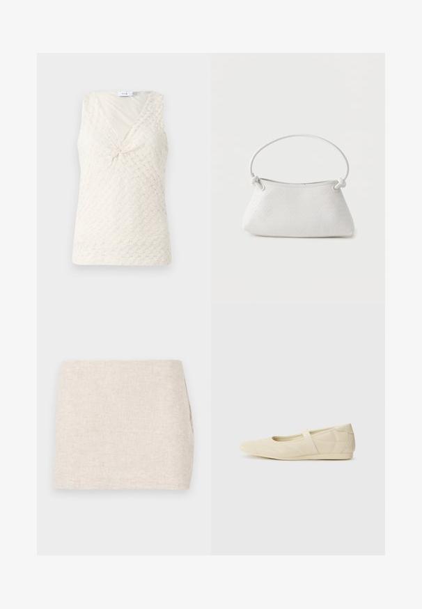 Hvid ærmeløs top med et struktureret mønster og en snoet detalje foran. Har V-udskæring og blødt, draperet stof.; Beige linnedyr med et minimalistisk design, der har en glat tekstur og en subtil vævning. Det har en lige, simpel skæring uden synlige lukninger.; Lysebrune ballet flats med en glat læderoverflade, mandelformet tå og elastisk rem over vristen, med diskrete syninger.; Hvid fletlæderhåndtaske med afrundet håndtag og ender på remmen, der er knyttet, vist mod en ensfarvet baggrund.