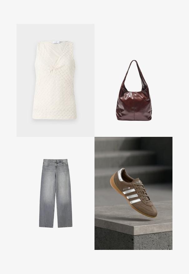 Haut blanc sans manches avec un motif texturé et un détail en torsion à l'avant. Il présente un décolleté en V et un tissu doux et fluide.; Jean en denim gris à jambes larges avec une finition légèrement décolorée, doté de cinq poches, d'une fermeture à bouton à l'avant et de passants de ceinture.; Baskets en daim marron avec des rayures blanches et des accents argentés, dotées d'une tige texturée, d'un système de laçage et d'une semelle en caoutchouc gomme.; Sac hobo en cuir marron avec une texture lisse, un design flottant et une large bandoulière. Présente une couture au centre.
