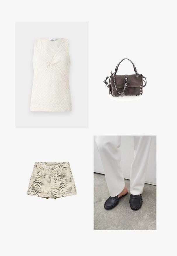 Haut blanc sans manches avec un motif texturé et un détail en torsion à l'avant. Il présente un décolleté en V et un tissu doux et fluide.; Short en denim beige taille haute avec imprimé rayures de tigre noir, bouton à l'avant, passants de ceinture et deux poches avant.; Personne portant un pantalon blanc et des mocassins en cuir noirs sans lacets, debout sur un sol en béton.; Sac à main en cuir marron avec une forme structurée, orné de clous en argent et d'une bandoulière en chaîne. Il dispose d'une poignée supérieure et d'une bandoulière amovible.