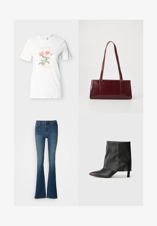 T-shirt blanc à manches courtes avec col rond, présentant deux roses pêches et des tiges vertes à l'intérieur d'un cercle avec le texte "LA VIE EN ROSE".; Jean évasé en denim bleu délavé, avec poches avant, taille haute et détails usés avec coutures visibles.; Bottine noire en cuir lisse avec un bout pointu et un talon effilé. La tige présente un design légèrement froncé.; Sac à main bordeaux en matériau brillant, de forme rectangulaire, avec deux anses et des accents légèrement courbés à l'avant.