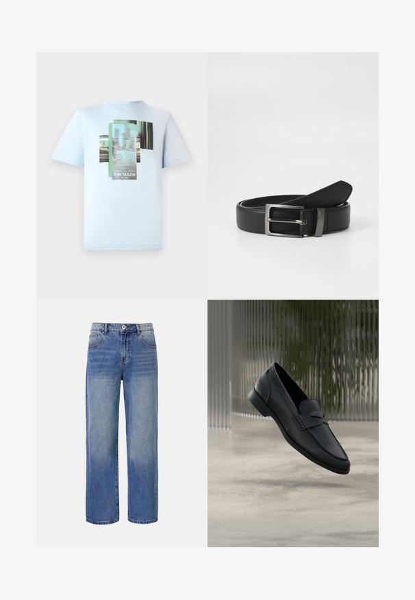 TOM TAILOR Camiseta estampada - light metal blue; Jeans de mezclilla de pierna ancha en azul claro con un patrón de desvanecimiento, cinco bolsillos y cierre de cremallera. Presenta un botón y passadores para el cinturón en la cintura.; Zapato tipo mocasín de cuero negro con acabado liso, punta puntiaguda y detalles cosidos en la pala. Tacón bajo y diseño minimalista.; Cinturón de cuero negro con hebilla de metal plateada, que presenta un acabado suave y un diseño clásico. El cinturón está neatly doblado.
