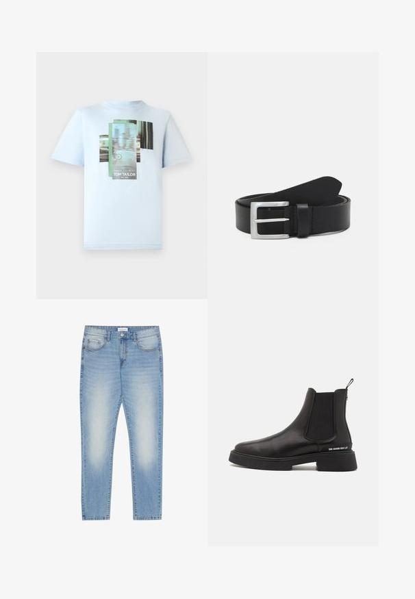 TOM TAILOR T-shirts print - light metal blue; Lyseblå denim jeans med regular fit, fem lomme-design, let slidser foran og lige benfinish.; Steve Madden ZHANE - Støvletter - black; Sort læderbælte med en glat overflade, sølv rektangulær spænde og en løkke til enden. Har pæne stikninger langs kanterne.