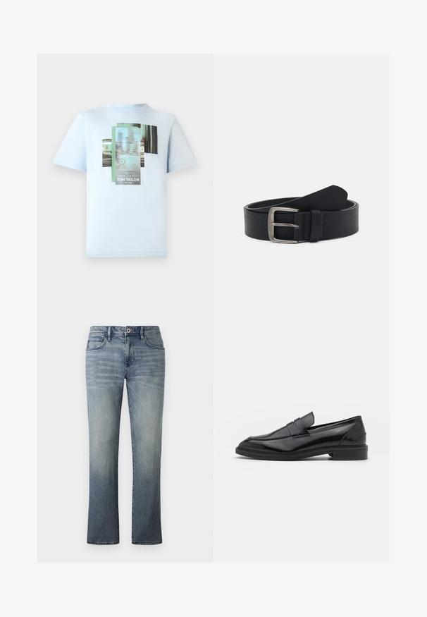 TOM TAILOR T-Shirt print - light metal blue; Hellblaue Jeans aus Denim mit geradem Bein, im Fünf-Taschen-Stil, mit Metallknopfverschluss und dezenten Auswaschungen.; Schwarze Lederloafers mit glatter Oberfläche, runder Spitze und schmalem Riemen über dem Obermaterial. Niedriger, gestapelter Absatz.; Schwarzer Ledergürtel mit einer silbernen Metallschnalle, verfügt über eine glatte Oberfläche und ein klassisches Design. Der Gürtel ist aufgerollt, mit dem Ende nach oben gerichtet.