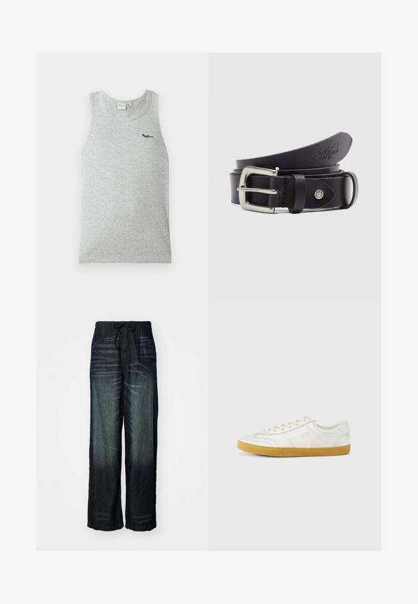 Débardeur côtelé gris clair sans manches avec encolure ronde et petit logo noir "Pepe Jeans" sur la partie supérieure gauche de la poitrine.; Pantalons larges en denim foncé avec une décoloration graduelle. Dotés d'une taille élastique avec un cordon de serrage. Texture lisse avec des motifs d'usure subtils.; Baskets en cuir blanc à texture lisse, avec un logo "V" beige, un bout rond, un design à lacets et une semelle en caoutchouc gomme.; Ceinture en cuir noire avec une boucle en métal argenté, un bouton-pression pour l'ajustement et des détails embossés sur le cuir. Texture lisse sur toute la surface.