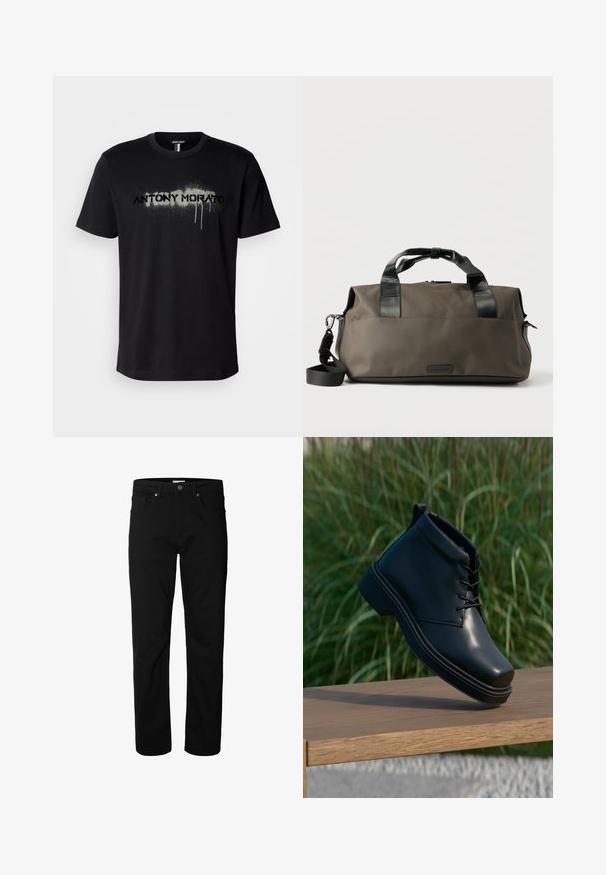 Sort bomulds t-shirt med en sprayet tekstgrafik "ANTONY MORATO" i grå med dryppende detaljer, korte ærmer og rund hals.; Sorte jeans med lige ben, knap- og lynlåslukning, bæltestropper samt for- og baglommer, vist mod en ensfarvet hvid baggrund.; Sorte læder ankelstøvler med en glat finish, rund tå og en kontrasterende brun hæl. Snørebånd og syningsdetaljer er synlige.; Mørke olivengrøn duffeltaske med sorte læderhåndtag og aftagelig skulderrem på hvid baggrund.