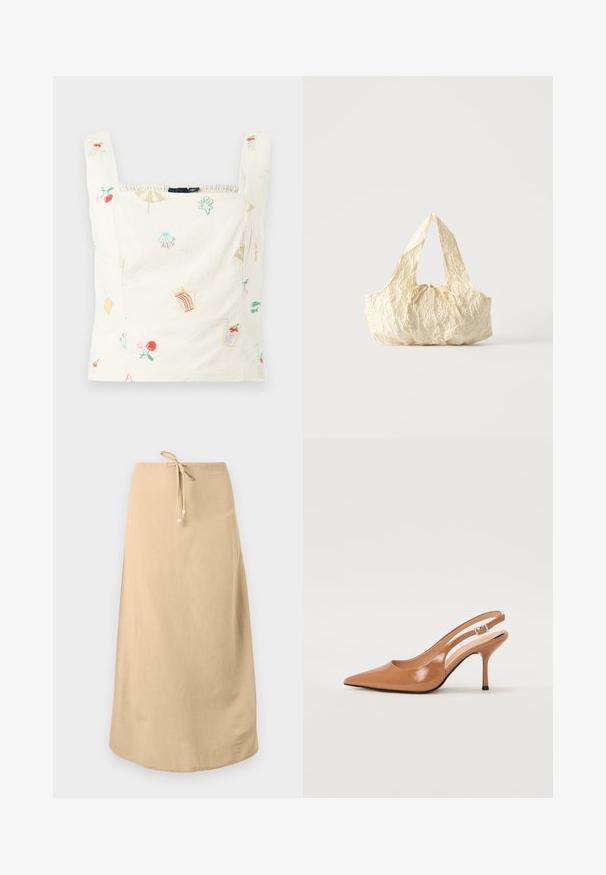 Débardeur en coton brodé avec un fond crème et des motifs colorés tels que des fruits, des boissons et des objets de plage ; décolleté carré et bord élastique.; Jupe en lin beige avec une taille à cordon de serrage, présentant une texture lisse et un ourlet arrondi. Décorée de petites perles décoratives sur les liens.; Escarpin à talon slingback à bout pointu en matériau beige lisse et brillant. Présente un design de découpes courbées et un talon aiguille fin. Détail de boucle en argent.; Sac à main en tissu texturé couleur crème avec des anses sur le dessus et un petit nœud noué au centre devant.