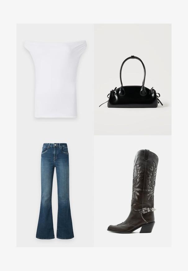 Haut blanc à épaules nues en tissu lisse et extensible. Dispose d'un large col et de manches courtes avec une forme ajustée.; Jeans en denim bleu évasés présentant une taille haute, un léger délavage, cinq poches et des coutures contrastées. Fabriqués en tissu en coton extensible.; Botte de cowboy en cuir noir avec découpes décoratives, boucle argentée et talon incliné, présentée sur fond blanc.; Petit sac à main noir brillant avec deux longues anses et des détails à cordon sur les côtés sur un fond clair uni.