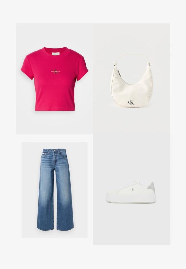 Vaaleanpunainen lyhythihainen cropped-t-paita, jossa on pieni Calvin Klein -logo keskellä. Puhtaan valkoinen tausta korostusta varten.; Siniset leveälahkeiset farkut, joissa edessä nappi ja vetoketju, viiden taskun malli ja hienovaraiset haalistuneet yksityiskohdat reisissä ja polvissa.; Valkoiset kangaskengät paksulla valkoisella pohjalla, joissa on metallinhohtoinen hopea korostus kannassa ja hillitty logotaito sivulla.; Pieni valkoinen puolikuun muotoinen käsilaukku, jossa lyhyt hihna, vetoketjusuljenta ja musta "cK"-logo edessä.