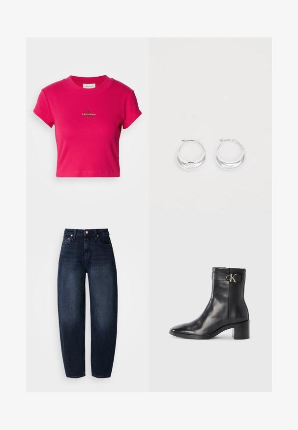 Vaaleanpunainen lyhythihainen cropped-t-paita, jossa on pieni Calvin Klein -logo keskellä. Puhtaan valkoinen tausta korostusta varten.; Tummansiniset farkut rentoon istuvuuteen, joissa on korkea vyötärö, suora lahje ja klassinen viiden taskun tyyli.; Musta nahkainen nilkkuri, jossa on teräväkärkinen muoto, lohkare korko ja hihna, jossa on metallinen logoteema. Sujuva pinta ja minimalistiinen muotoilu.; Hope hopea, joissa on kiiltävä pinta ja DKNY-brändäys, aseteltuna yksinkertaista valkoista taustaa vasten.