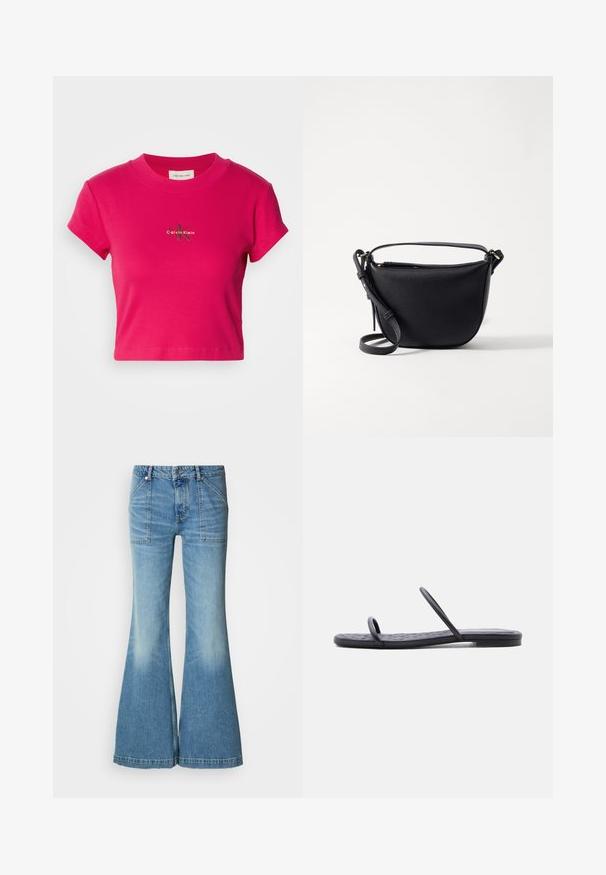 Žiarivo ružový skrátený tričko s krátkymi rukávmi, s malým logom Calvin Klein na strede. Čisté biele pozadie pre zvýraznenie.; Svetlomodré džínsové rozšírené nohavice s vysokým pásom. Má dve predné vrecká a vyblednutý vzor pozdĺž nôh. Lem je mierne ošúchaný.; Čierna plochá sandála s tenkou prešívanou podrážkou a dvoma úzkymi remienkami cez prsty a stred chodidla, zobrazená z bočného profilu na bielom pozadí.; Čierna kožená kabelka cez rameno s textúrovaným povrchom, zaobleným tvarom, nastaviteľným popruhom a akcentami v zlatej farbe. Zips na vrchu.