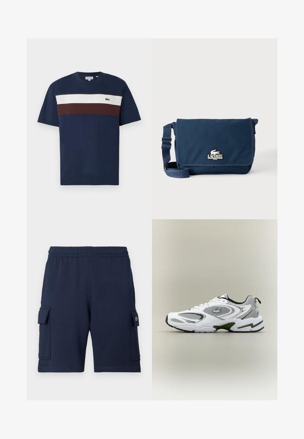 Camiseta de algodón azul marino con rayas horizontales en crema y burdeos, con un pequeño logo de cocodrilo verde en el pecho.; Pantalones cortos cargo azul marino hechos de tela suave, con una cintura elástica, dos bolsillos laterales y un pequeño detalle con logo en el bolsillo izquierdo.; Zapatilla deportiva de running en blanco y gris, con paneles de malla, acentos verdes, detalles en negro y un logo en el costado, vista desde el lado exterior.; Bolso bandolera Lacoste azul marino con correa ajustable y parche con logotipo en la solapa frontal, sobre un fondo claro y liso.
