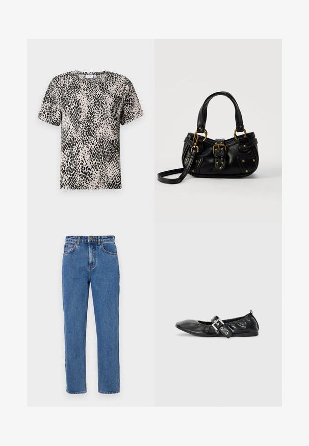T-Shirt mit kurzen Ärmeln in hellbeige mit schwarzem Punktmuster, Rundhalsausschnitt und weichem Stoff. Gerade Passform ohne sichtbare Verzierungen.; Hochtaillierte blaue Jeans aus Denim, gerade Beine, Knopfverschluss, fünf Taschen, leichte Ausbleichungen und tonale Nähdetails.; Schwarze Leder-Ballerinas mit spitzem Zehenbereich, gerafften Details am Schaft und einem silbernen Schnallenakzent am verstellbaren Riemen.; Schwarze Lederhandtasche mit goldener Schnalle und Nieten, kurzen Griffen und einem verstellbaren Schultergurt vor einem schlichten weißen Hintergrund.