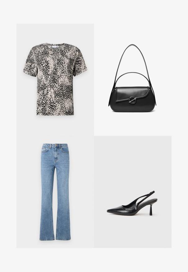 T-Shirt mit kurzen Ärmeln in hellbeige mit schwarzem Punktmuster, Rundhalsausschnitt und weichem Stoff. Gerade Passform ohne sichtbare Verzierungen.; Helle blaue Denim-Jeans mit einem ausgestellten Beindesign, hoher Taille und minimalen Verzierungen. Verfügt über einen klassischen Fünf-Taschen-Stil und dezente Nähte.; Schwarzer Leder Slingback High Heel Schuh mit spitzer Zehenpartie und schmalem Absatz auf einem weißen Hintergrund.; Schwarze Lederschultertasche mit einer geschwungenen Klappe, die durch einen runden Metallverschluss gesichert ist, und einem schlanken, verstellbaren Riemen.