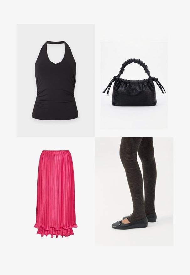 Haut noir sans manches col halter avec une taille cintrée et un léger froncé sur les côtés, présenté sur un fond clair uni.; Jupe midi rose vif avec de fines plissures verticales et un ourlet festonné à volants, avec un tissu légèrement brillant et lisse.; Jambes portant des leggings côtelés foncés associés à des ballerines noires avec de petits détails en nœud sur fond blanc.; Sac à main noir avec texture crocodile, bord supérieur froncé, poignée plissée et pompons à cordon de chaque côté sur fond blanc.
