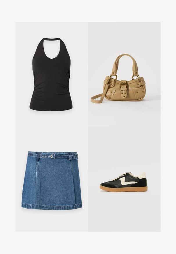 Haut noir sans manches col halter avec une taille cintrée et un léger froncé sur les côtés, présenté sur un fond clair uni.; Mini-jupe en denim bleu avec ourlet cousu et fine ceinture assortie avec boucle argentée, posée à plat sur un fond clair.; Baskets en daim et cuir noir avec un swoosh latéral crème et un talon crème clair. Dotées de lacets beige et d'une semelle en caoutchouc gomme.; Sac à main en cuir beige avec double poignées, boucle en laiton et détails rivetés, ainsi qu'une bandoulière réglable sur fond blanc.