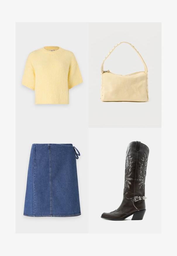 Korte mouwen, gebreide gele trui, ontspannen pasvorm, ronde hals, zachte textuur, ribgebreide randen en een casual silhouet.; Denim wikkelrok in donkerblauw. Heeft een rechte snit, zichtbare stiksels en een zijsluiting voor aanpassing. Glad textuur en standaard zoomlijn.; Zwarte leren cowboylaars met decoratieve uitsnijdingen, zilveren gesp en schuine hak, weergegeven op een witte achtergrond.; Kleine beige leren handtas met een enkele band en zilveren studs langs de randen en band, tegen een effen achtergrond.