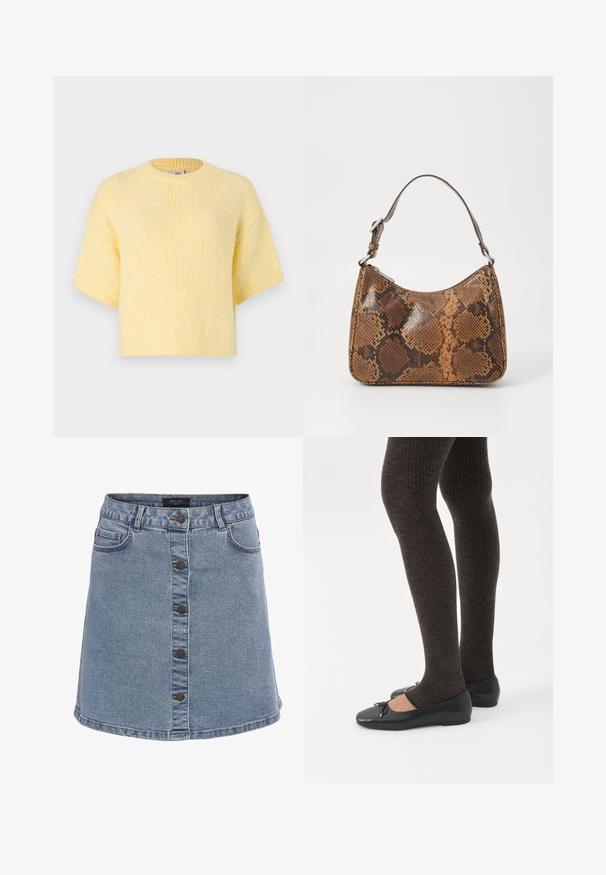 Korte mouwen, gebreide gele trui, ontspannen pasvorm, ronde hals, zachte textuur, ribgebreide randen en een casual silhouet.; Lichtblauwe denimrok met een uitlopende vorm, voorzien van een knoopsluiting aan de voorkant, twee zijzakken en contrasterende stikseldetails.; Benen met donkere geribbelde leggings gecombineerd met zwarte ballerina's met kleine strikdetails op een witte achtergrond.; Kleine handtas met een bruin en zwart slangenprintpatroon, korte verstelbare schouderriem en ritssluiting.