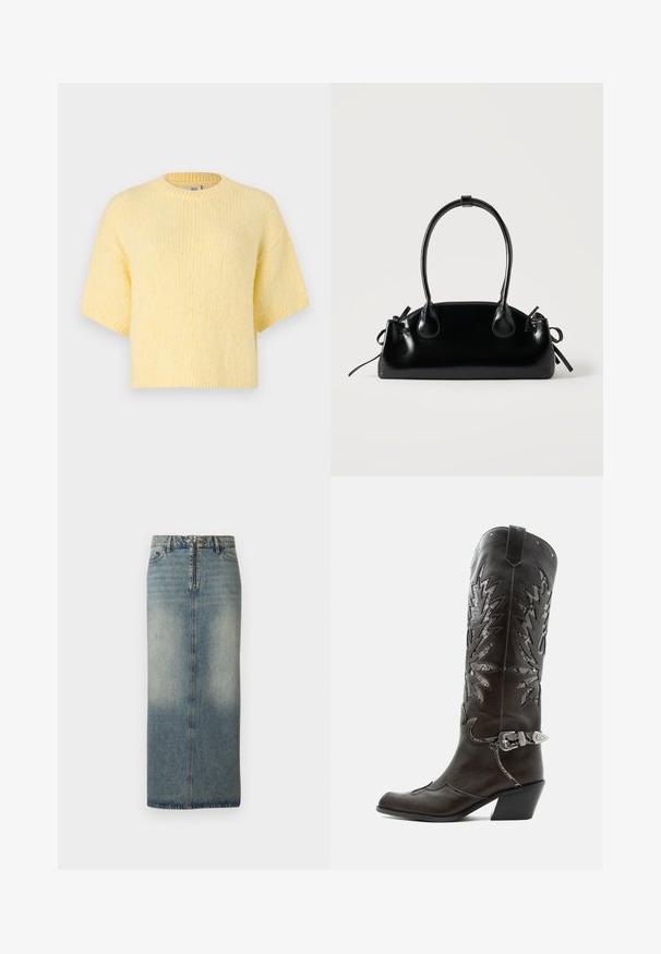 Kortærmet, strikket gul sweater, afslappet pasform, rund halsudskæring, blød tekstur, ribbede kanter og en afslappet silhuet.; Denim midi nederdel i lys blåt med en falmet finish. Har en frontlynlås og knaplukning, lige snit og minimale syninger.; Sort læder cowboystøvle med dekorative udskæringer, sølvspænde og skrå hæl, vist på hvid baggrund.; Lille sort blank håndtaske med to lange håndtag og snøre-detaljer i siden på en ensfarvet lys baggrund.