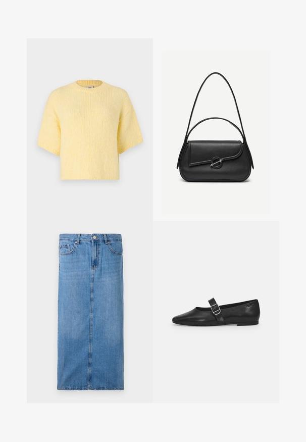 Lühikeste varrukatega, kudumismustriga kollane särk, lõdva lõikega, ümmargune kaelus, pehme tekstuur, soonikkoes servad ja juhuslik siluett.; Heledsinine denim midi seelik, millel on sirge siluett, eesmine õmblus ja tavaline talje koos viie vöökohaga ja metallnupuga kinnitamine.; Must värvi nahast tasased kingad ümarate varvastega, ühe reguleeritava paelaga ja siledat, läikivat pinda. Minimalistlik disain madala kontsaga.; Mustast nahast käekott ümarate äärtega, asümmeetrilise kaanega, metallist ümar lukk ja nii lühikeste kui ka pikkade õlapaeltega.