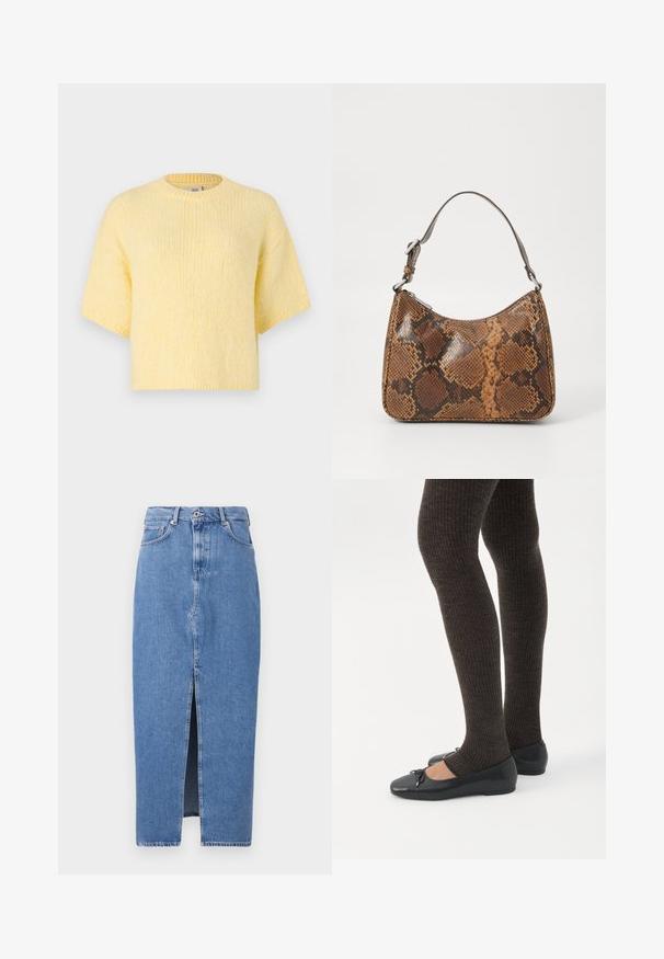 Kortærmet, strikket gul sweater, afslappet pasform, rund halsudskæring, blød tekstur, ribbede kanter og en afslappet silhuet.; Lyseblå denim midi-nederdel med en frontslids, klassisk fem-lomme design og lukning med topknap. Stoffet har en let struktur.; Ben iført mørke ribbede leggings kombineret med sorte balletsko med små sløjfedetaljer på hvid baggrund.; Lille håndtaske med brun og sort slangeskinn mønster, kort justerbar rem og lynlåslukning.