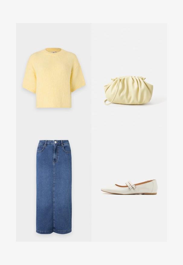 Korte mouwen, gebreide gele trui, ontspannen pasvorm, ronde hals, zachte textuur, ribgebreide randen en een casual silhouet.; Denim maxi rok in donkerblauw, met een rechte snit, een tailleband met knoopsluiting en minimale stikdetails.; Witte patenten leren ballerina's met een puntige neus, twee decoratieve banden met zilveren gespen en een subtiele bruine zool.; Geel geplooide handtas van soepel nepleer, met een zachte vorm, een enkele schouderriem en een verzameld ontwerp aan de bovenkant.