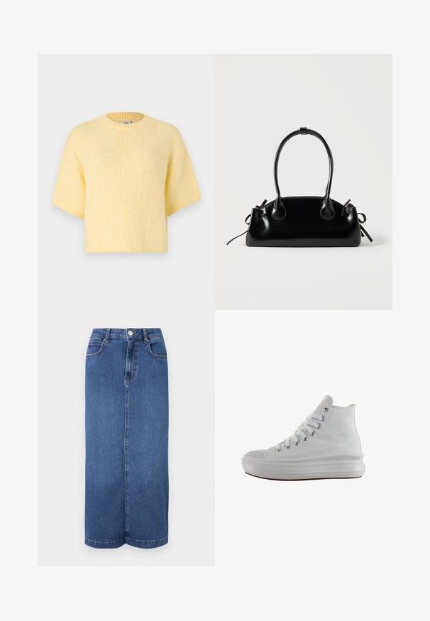 Korte mouwen, gebreide gele trui, ontspannen pasvorm, ronde hals, zachte textuur, ribgebreide randen en een casual silhouet.; Denim maxi rok in donkerblauw, met een rechte snit, een tailleband met knoopsluiting en minimale stikdetails.; Witte hoge canvas sneaker met witte veters, metalen oogjes, dikke rubberen zool en gestructureerde neuskap, naar links gericht op een witte achtergrond.; Kleine zwarte glanzende handtas met twee lange hengsels en zijkant trekkoord details op een effen lichte achtergrond.