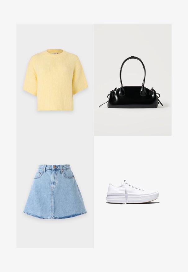 Kortærmet, strikket gul sweater, afslappet pasform, rund halsudskæring, blød tekstur, ribbede kanter og en afslappet silhuet.; Denim A-line nederdel i lyseblå med frynset kant, fem lommer og knaplukning. Har kobberfarvet hardware og diskrete syninger.; Hvid lavt snørestøvle med tyk plateau-sål, snørelukning foran og gummiforstærket tåkap, set i sideprofil.; Lille sort blank håndtaske med to lange håndtag og snøre-detaljer i siden på en ensfarvet lys baggrund.