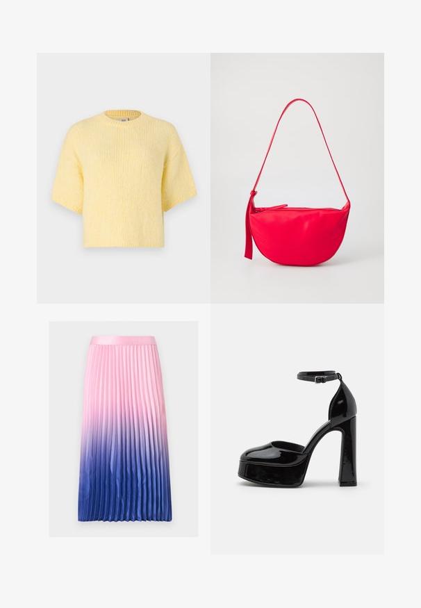 Kortærmet, strikket gul sweater, afslappet pasform, rund halsudskæring, blød tekstur, ribbede kanter og en afslappet silhuet.; Plisseret midi-nederdel med en gradientfarve, der går fra lys pink ved taljen til dyb blå ved kanten.; Sorte patentlæder platform hæle med ankelrem, rund tå og blokhæl, der viser en glat, skinnende overflade.; Rød læder skuldertaske med en buet form, en lynlåslukning og en tynd justerbar rem. Glat tekstur med syningsdetaljer.
