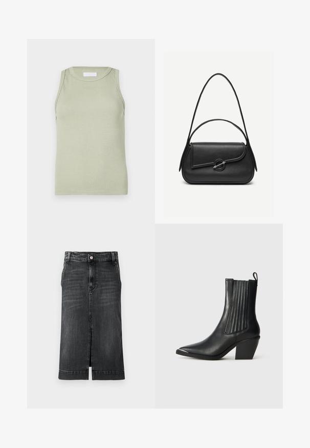 Haut sans manches vert clair côtelé avec un col rond. Présente une texture lisse et une coupe ajustée, idéal pour le superposition ou une tenue décontractée.; Jupe en denim foncé, droite, longueur genou, avec fente à l'avant et design classique à cinq poches. Équipée d'une fermeture à bouton et de passants de ceinture.; Botte noire en cuir jusqu'à la cheville avec un bout pointu, des panneaux latéraux côtelés, et un talon épais, sur un fond en carreaux texturés.; Sac à main en cuir noir avec bords arrondis, rabat asymétrique, fermoir circulaire en métal, et des bandoulières courtes et longues.