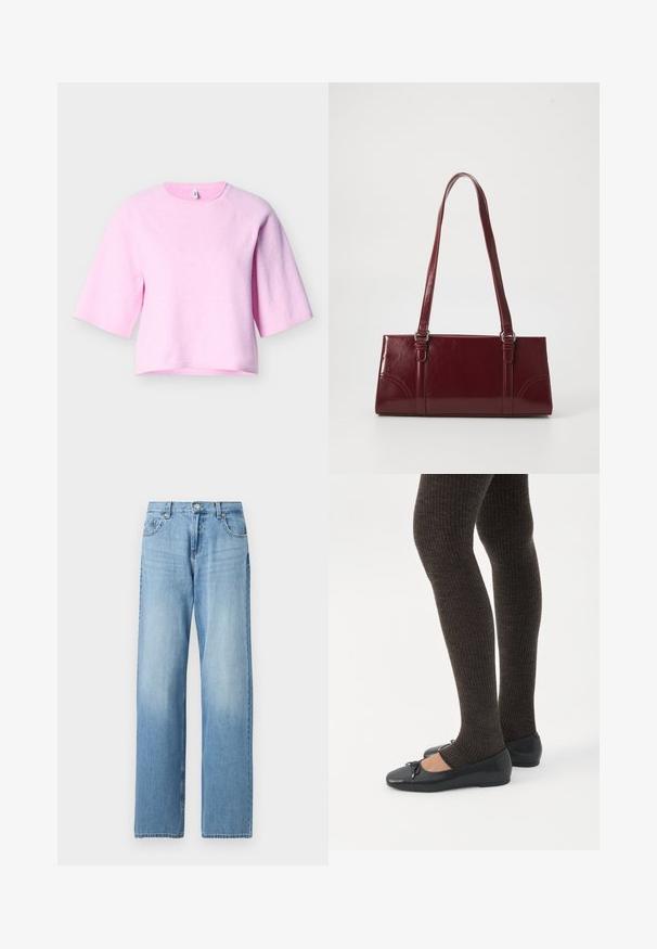 Pull-over à manches courtes en matériau rose doux avec un col rond et un ourlet côtelé. Dispose de manches raglan et d'une coupe décontractée.; Jean denim bleu clair à jambe droite avec fermeture avant par bouton et fermeture éclair, passants de ceinture, et poches avant et arrière.; Jambes portant des leggings côtelés foncés associés à des ballerines noires avec de petits détails en nœud sur fond blanc.; Sac à main bordeaux en matériau brillant, de forme rectangulaire, avec deux anses et des accents légèrement courbés à l'avant.