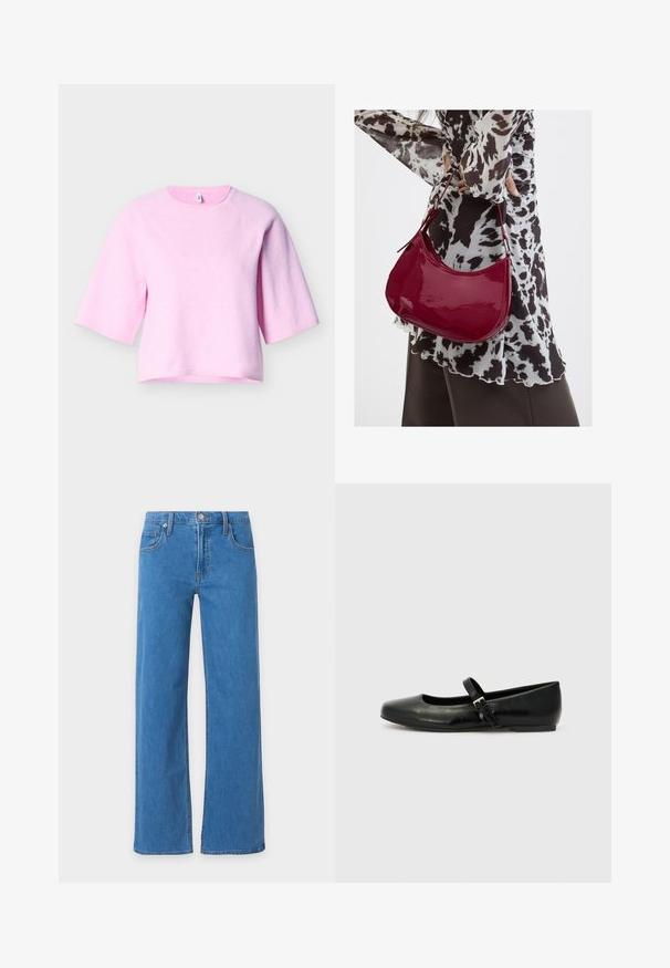 Pull-over à manches courtes en matériau rose doux avec un col rond et un ourlet côtelé. Dispose de manches raglan et d'une coupe décontractée.; Jean en denim bleu avec une coupe droite légèrement évasée, poches avant, passants de ceinture et fermeture par bouton à la taille.; Ballerines en cuir noir avec un bout arrondi, une semelle plate et une fine sangle ajustable sur le cou-de-pied avec une boucle en métal.; Femme portant un chemisier à motif noir et blanc tenant un sac à main rouge brillant sur un fond uni.