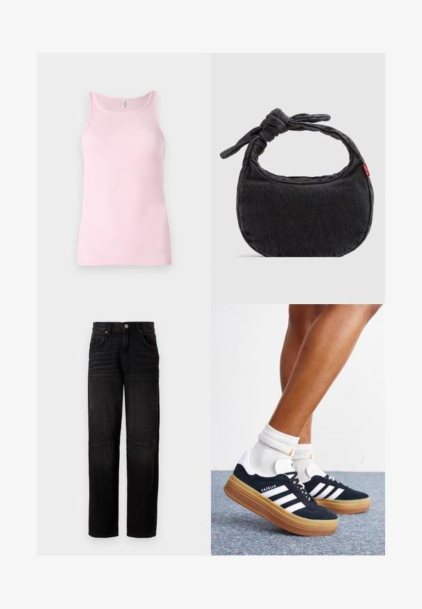 Roze geribbelde tanktop met een ronde halslijn en mouwloos ontwerp. De stof is glad en nauwsluitend, met een nette zoom.; Zwarte denim jeans met een recht model, vijf-pocketstijl, een knoopsluiting en subtiele vervaagde details op de dijen en knieën.; Ben met witte sokken en zwarte Adidas Gazelle sneakers met witte strepen en dikke bruine zolen op een grijs tapijt.; Kleine zwarte denim schoudertas met een gestrikte riem en ritssluiting, met een rood Levi's stoffen label aan de zijkant.