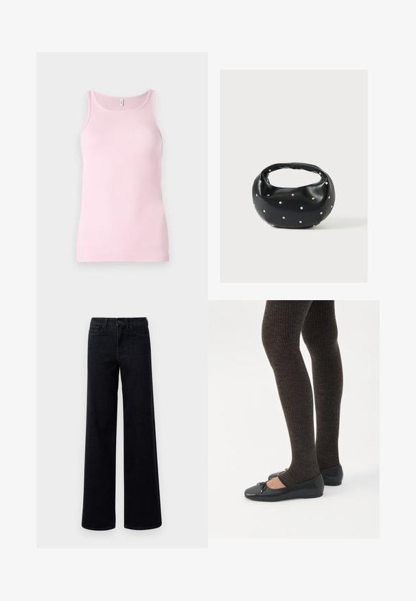 Top de tirantes de color rosa con cuello redondo y diseño sin mangas. La textura de la tela es suave y ajustada, con un dobladillo limpio.; Jeans de denim negro de pierna ancha con una cintura alta, que cuentan con bolsillos estándar y cierre de botón. Textura suave con ligero estiramiento.; Piernas con leggings oscuros acanalados combinados con bailarinas negras que presentan pequeños detalles de lazo sobre un fondo blanco.; Bolso de mano de cuero negro con forma redondeada, decorado con detalles de tachuelas plateadas y un asa corta. Textura lisa y cierre con cremallera.