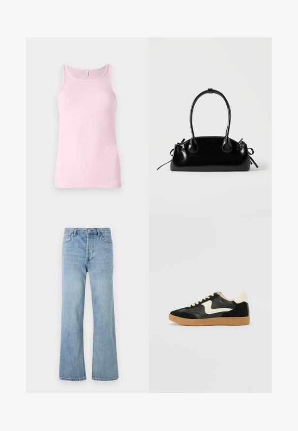 Top de tirantes de color rosa con cuello redondo y diseño sin mangas. La textura de la tela es suave y ajustada, con un dobladillo limpio.; Jeans de mezclilla de talle alto de color azul claro con cierre de botón, bolsillos delanteros y traseros, y corte recto sobre un fondo blanco.; Zapatillas de deporte de ante y cuero negro con un swoosh lateral en crema y un talón en crema claro. Presenta cordones beige y una suela de goma marrón.; Pequeño bolso negro brillante con dos asas largas y detalles de cordón lateral sobre un fondo claro liso.