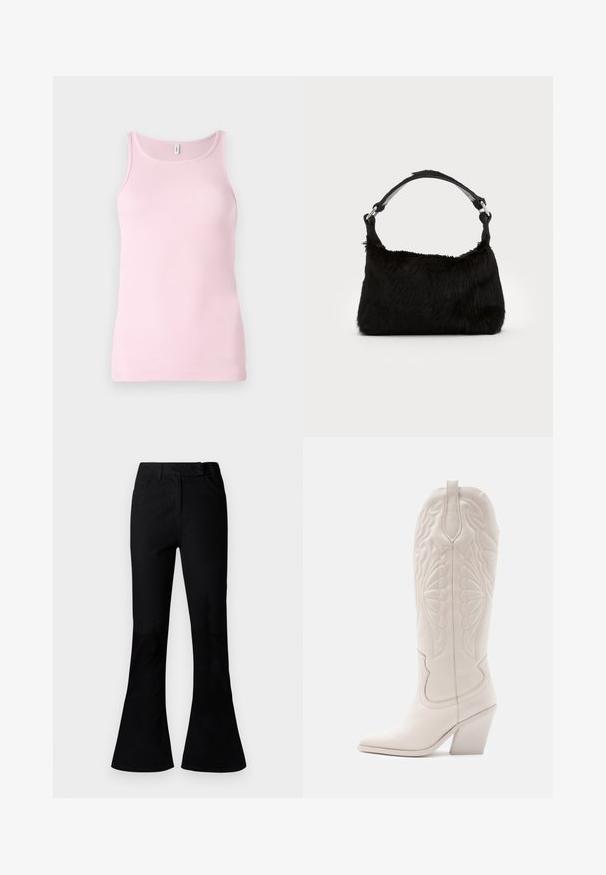 Top de tirantes de color rosa con cuello redondo y diseño sin mangas. La textura de la tela es suave y ajustada, con un dobladillo limpio.; Pantalones acampanados negros de cintura alta con bolsillos frontales, pasadores para cinturón y cierre de cremallera al frente, exhibidos sobre un fondo liso.; Bota vaquera de cuero blanco con punta afilada y tacón bloqueado. Presenta patrones de costura intrincados en el caña y una textura suave.; Bolso de mano de piel sintética negra con una textura suave, forma redondeada y una resistente correa de cuero negro para el hombro. Acentos de herrajes plateados visibles.