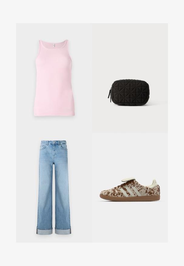 Lyserød ribbet tanktop med rund halsudskæring og ærmeløs design. Stofstrukturen erglat og tætsiddende med en pæn kant.; Lyseblå, vide jeans i klassisk denim med høj talje, prydet med opbrettede kanter og synlig søm.; Sneaker med et beige og brunt spraglet mønster, med tre hvide striber, en velcrostrop og en brun gummisål.; Quiltet sort pung med rektangulær form, der har en tekstureret overflade og geometrisk mønster. Indeholder en lynlåslukning.