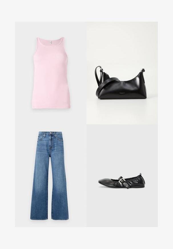 Roze geribbelde tanktop met een ronde halslijn en mouwloos ontwerp. De stof is glad en nauwsluitend, met een nette zoom.; Blauwe high-waisted wijde jeans met knoop- en ritsluiting, voorzakken en subtiele vervaging op de stof.; Zwarte leren platte schoen met een spitse neus, geplooide details rond de opening en een zilveren gespaccentueerde verstelbare band.; Zwarte leren handtas met een gladde textuur. Beschikt over een verstelbare schouderband en een strak, minimalistisch ontwerp met een ritssluiting.