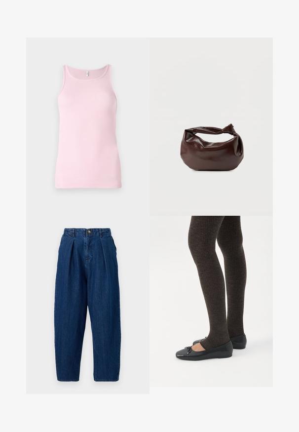 Top de tirantes de color rosa con cuello redondo y diseño sin mangas. La textura de la tela es suave y ajustada, con un dobladillo limpio.; Pantalones de mezclilla de color azul oscuro con un corte relajado, que presentan pliegues en la parte delantera, un cierre de botón y piernas ajustadas.; Piernas con leggings oscuros acanalados combinados con bailarinas negras que presentan pequeños detalles de lazo sobre un fondo blanco.; Bolso de hombro de cuero marrón oscuro con una forma suave y caída, y un asa con nudo torcido sobre un fondo blanco liso.