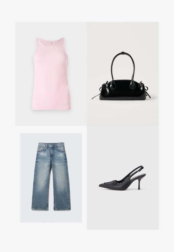 Roze geribbelde tanktop met een ronde halslijn en mouwloos ontwerp. De stof is glad en nauwsluitend, met een nette zoom.; Lichtblauwe wijde spijkerbroek van denim, met voorzakken, een ritssluiting en een vervaagde textuur met subtiele wassingdetails.; Zwarte leren slingback stiletto met spitse neus, zijgesp met gesp, studs langs de rand en decoratieve veters aan de voorkant.; Kleine zwarte glanzende handtas met twee lange hengsels en zijkant trekkoord details op een effen lichte achtergrond.