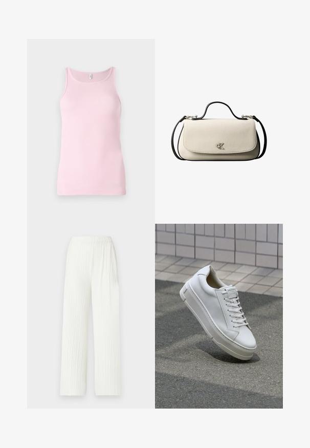 Top de tirantes de color rosa con cuello redondo y diseño sin mangas. La textura de la tela es suave y ajustada, con un dobladillo limpio.; Pantalones anchos plisados de color blanco con cintura elástica. Hechos de una tela ligera, presentan rayas verticales y un ajuste fluido.; Zapatilla de cuero blanca con diseño bajo, cordones planos, punta redondeada y laterales texturizados. Suela de goma gruesa con acentos sutiles.; Bolso rectangular de color crema con correa y asa negras, cierre frontal con solapa y pequeño logo plateado "cK" en el centro del frente.