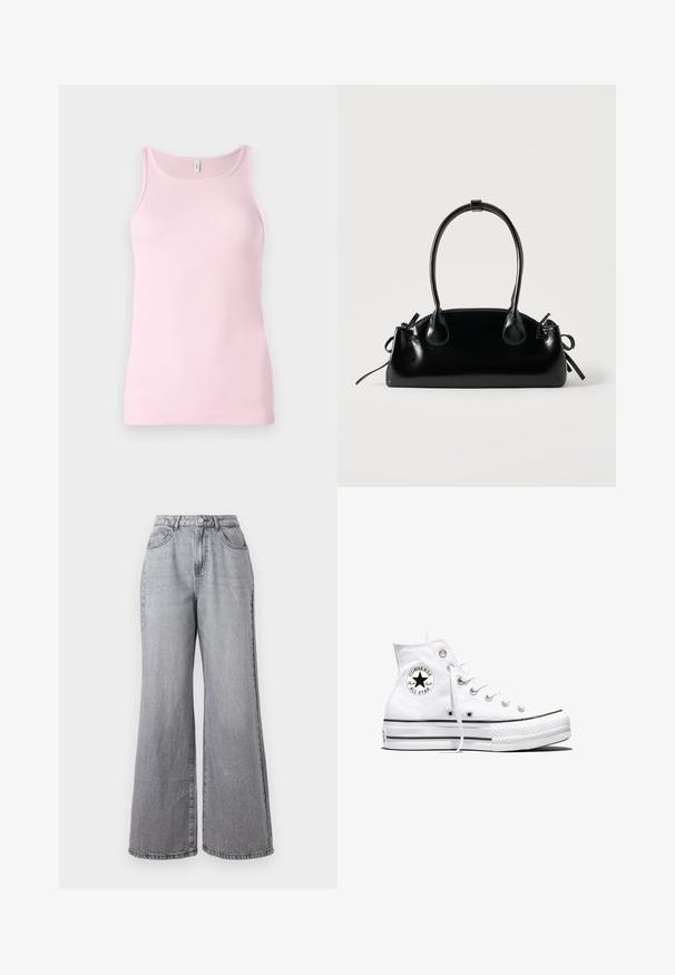 Top de tirantes de color rosa con cuello redondo y diseño sin mangas. La textura de la tela es suave y ajustada, con un dobladillo limpio.; Pantalones vaqueros de pierna ancha en gris claro, confeccionados en denim, con una cintura alta, cinco bolsillos y una textura ligeramente descolorida. Cierre con botón metálico y cremallera.; Zapatilla blanca de caña alta Converse Chuck Taylor All Star con parche de logo negro y cordones blancos, presentada sobre fondo blanco.; Pequeño bolso negro brillante con dos asas largas y detalles de cordón lateral sobre un fondo claro liso.