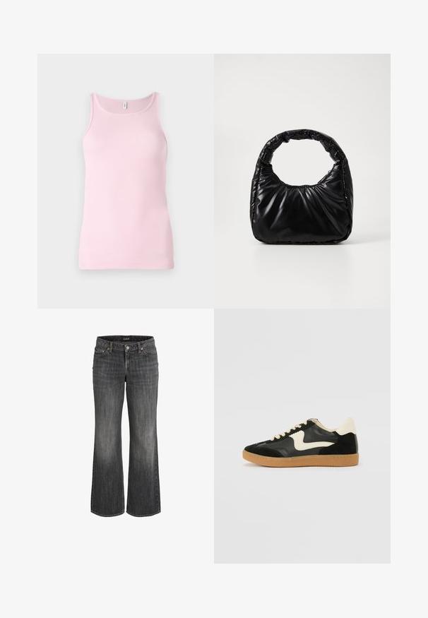 Roze geribbelde tanktop met een ronde halslijn en mouwloos ontwerp. De stof is glad en nauwsluitend, met een nette zoom.; Zwart vervaagde denim jeans met rechte pijpen, voorzien van een knoopsluiting aan de voorkant, riemlussen en een ontwerp met vijf zakken.; Zwarte suède en leren sneaker met een crèmekleurige zij-swoosh en lichte crèmekleurige hiel. Voorzien van beige veters en een gumrubberen zool.; Zwarte gevoerde handtas met een ronde handgreep, met een gladde, glanzende oppervlakte en een zachte, gewatteerde textuur. Geen zichtbare metalen onderdelen of accenten.
